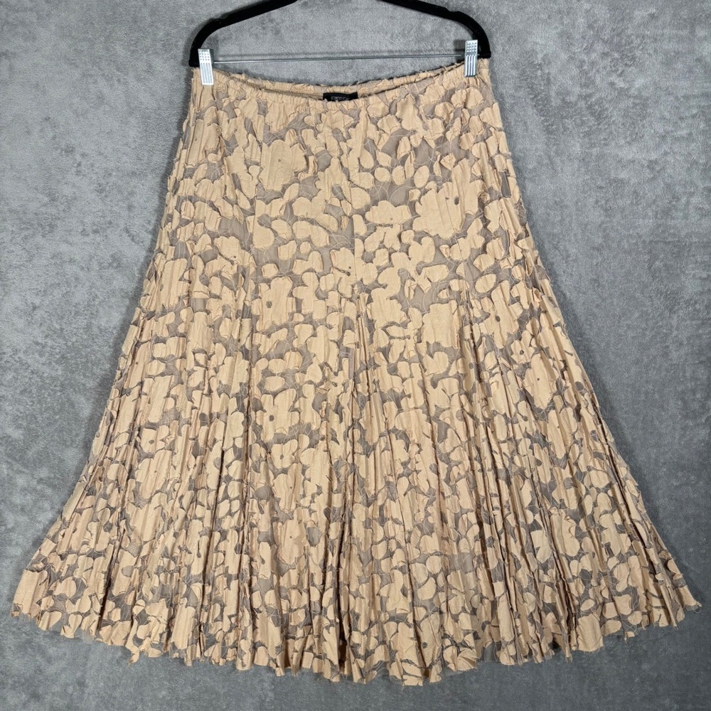 Karen Kane Tan Floral Lace Applique Layered Pleated Midi Skirt XL USA Made Fairy